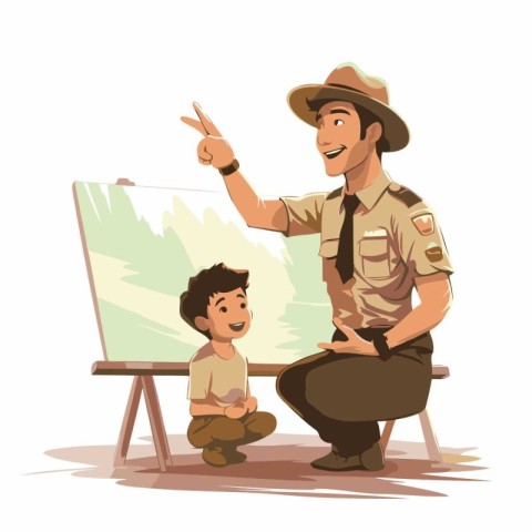 Cartoon safari explorer with kid drawing on canvas. Vector illus