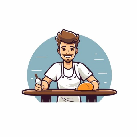 Chef holding a knife and fork. Vector illustration in cartoon st