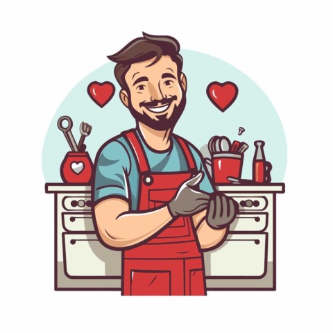 Vector illustration of a smiling man in a red apron and gloves h