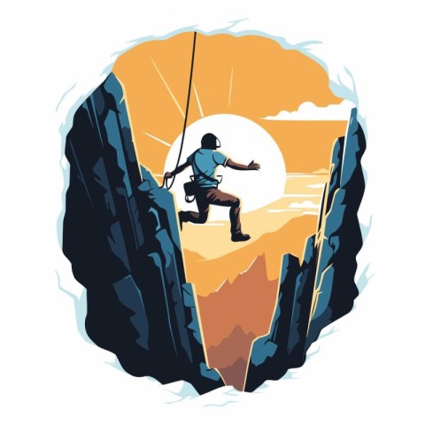 Climbing on the rocks. Vector illustration in a flat style.