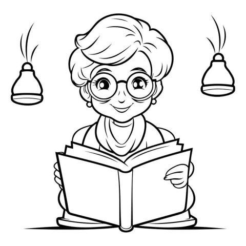 Black and White Cartoon Illustration of Kid Reading a Book or Bo