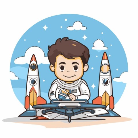 Cute boy in astronaut suit sitting on rocket. Vector illustratio