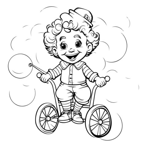 Coloring Page Outline Of a Little Boy on a Bicycle Vector