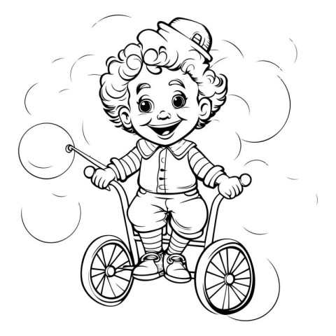 Coloring Page Outline Of a Little Boy on a Bicycle Vector