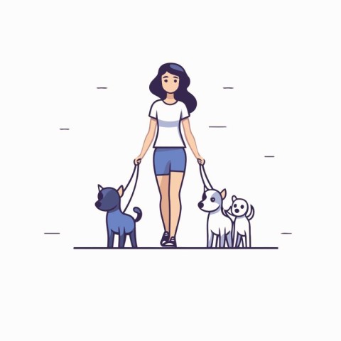 Vector illustration of a girl walking with her dogs. Flat style.