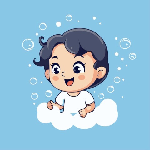 Cute little boy sitting on the cloud with soap bubbles. Vector i