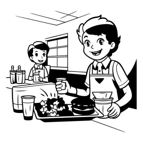 Man and woman cooking at the cafe. Vector illustration. Black an