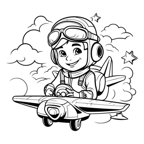 Cute cartoon pilot with airplane. Vector illustration for colori