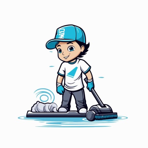 Illustration of a boy cleaning the floor with a mop.