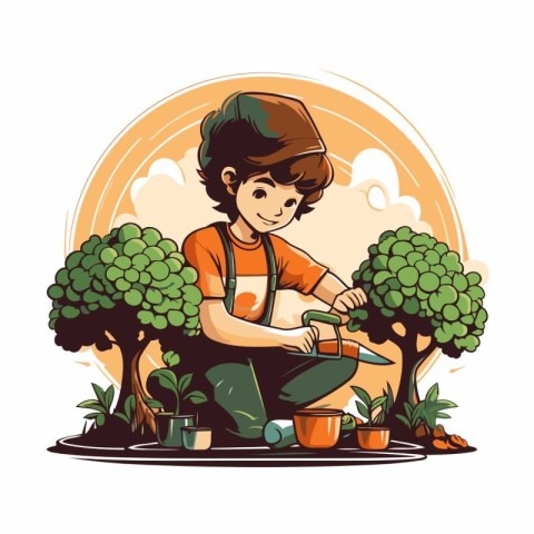 Boy working in the garden. Gardening and planting. Vector illust