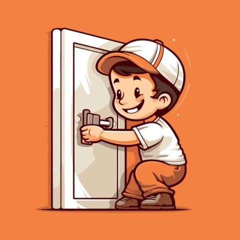 Cartoon illustration of a boy repairing the door. Vector illustr