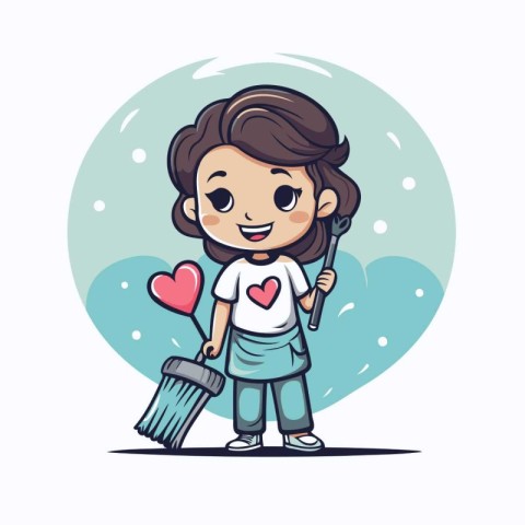 Vector illustration of a cute little girl holding a brush and a