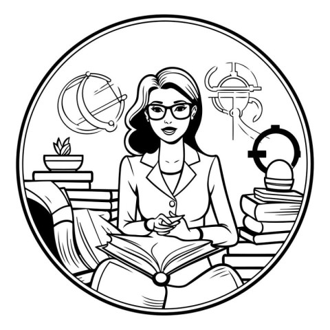 Black and white illustration of a woman reading a book while wea