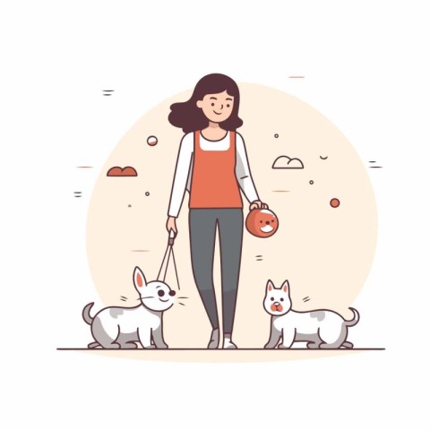 Woman walking with dogs. Vector illustration in a flat style. Ca