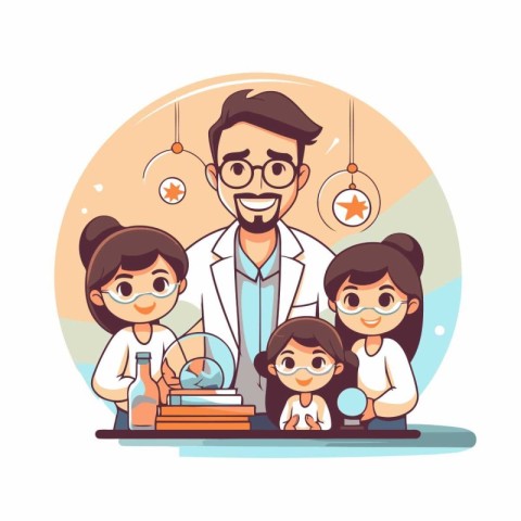 Scientist and children. Vector illustration in flat cartoon styl