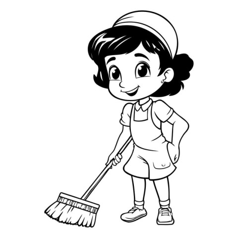 cleaning girl with broom cartoon vector illustration graphic des