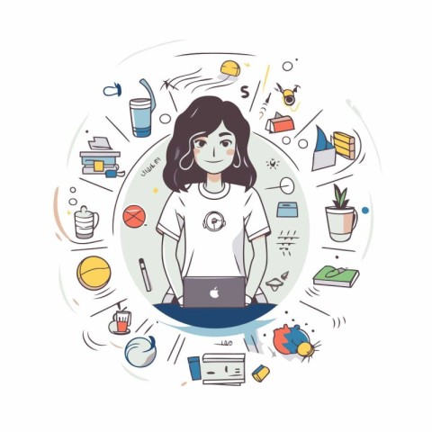 Vector illustration of a girl with a laptop in her hand. The con