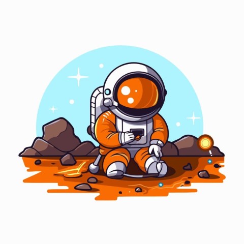 Astronaut sitting on the ground. Vector illustration in cartoon