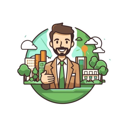 Businessman with thumb up on city background. Vector illustratio