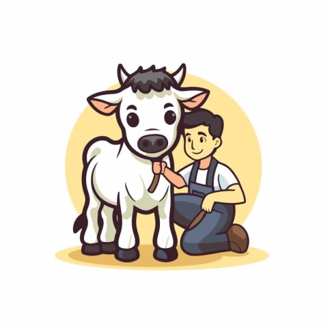 Illustration of a cow and a farmer. Vector illustration in carto