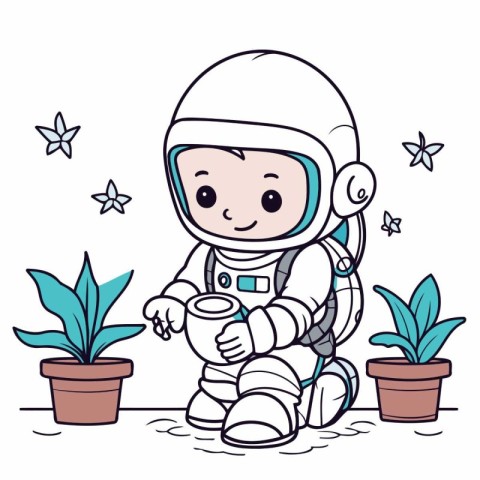 Cute cartoon astronaut sitting and holding watering can. Vector