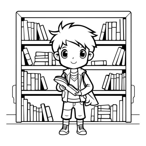 Boy reading a book in the library. Black and white vector illust
