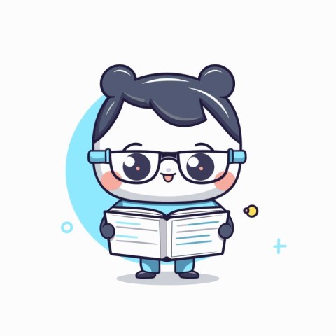 Cute cartoon girl with glasses reading a book. Vector illustrati