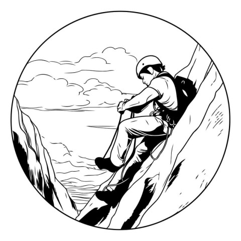 Illustration of a rock climber climbing on a cliff set inside ci