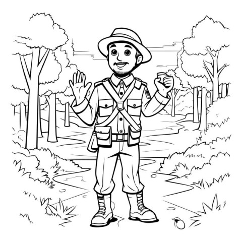 Boy scout in safari outfit. black and white vector illustration.