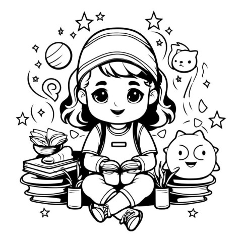 Black and White Cartoon Illustration of Little Girl Studying Ast