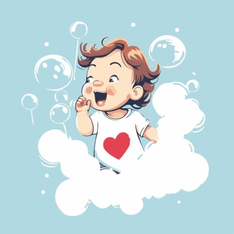 Vector illustration of a boy on a cloud with bubbles and heart.