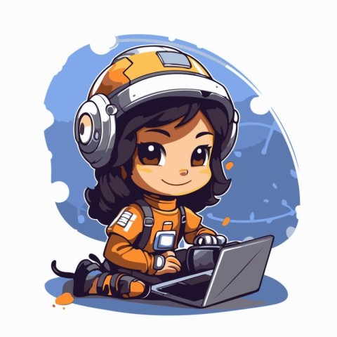 Cute cartoon astronaut girl with laptop and headphones. Vector i