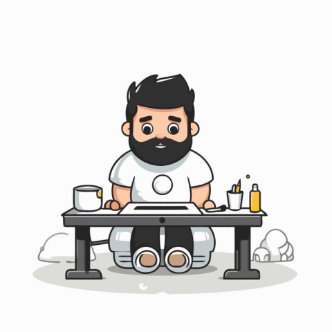 Man sitting at table and drinking coffee. Vector illustration in