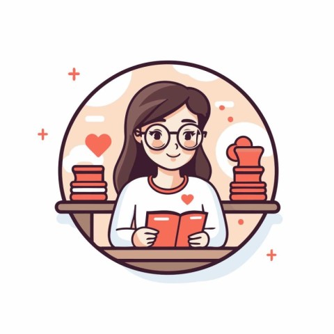 Cute girl reading book on bookshelf. Vector illustration.