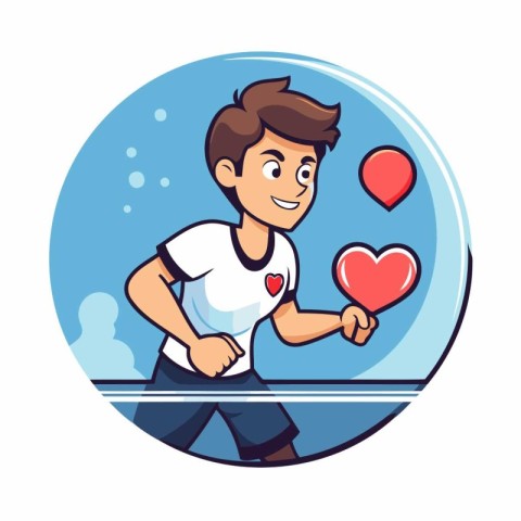 Cute boy running with heart in his hand. Vector illustration.