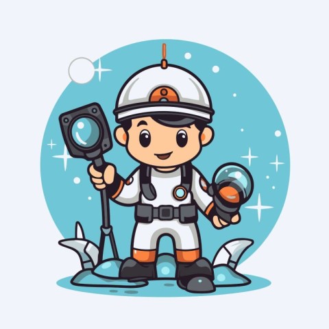 Cute astronaut in space suit holding a camera. Vector illustrati