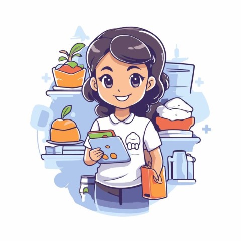 Cute little girl cartoon character in the kitchen. Vector illust