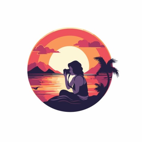 Girl sitting on the beach at sunset. Vector illustration in flat