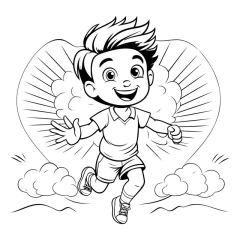 Black and White Cartoon Illustration of a Kid Playing Soccer or