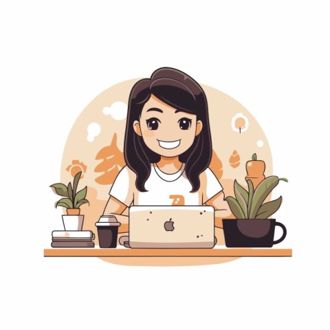 Cute girl working on laptop at home. Vector illustration in cart