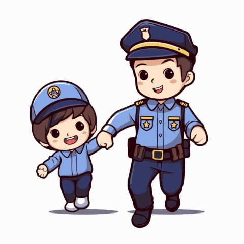 Cute little boy and policeman in police uniform. Vector illustra