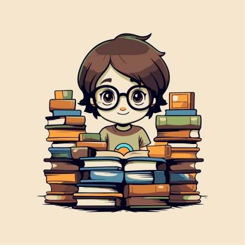 Cute cartoon girl with glasses reading a book. Vector illustrati