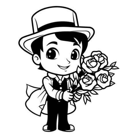 Black and White Cartoon Illustration of Cute Boy Holding Bouquet