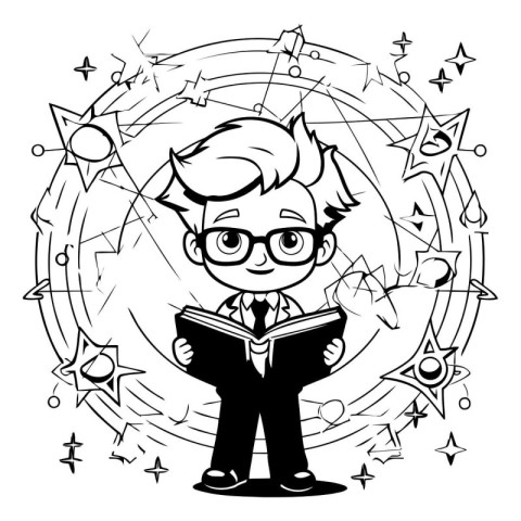 Black and White Cartoon Illustration of Kid Boy Reading a Book o