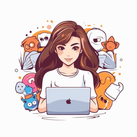 Cute cartoon girl with laptop and doodle elements. Vector illust