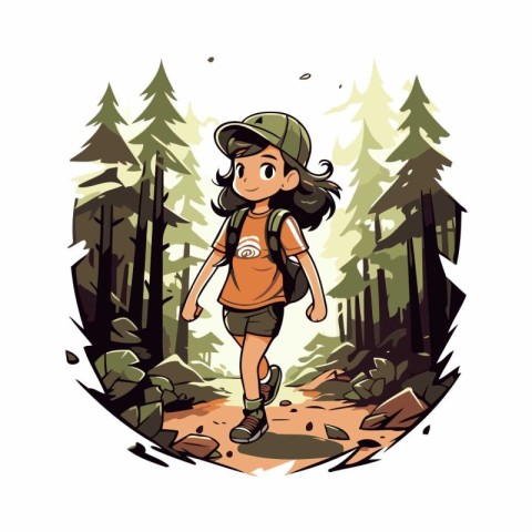 Girl hiker in the forest. Vector illustration in cartoon style.