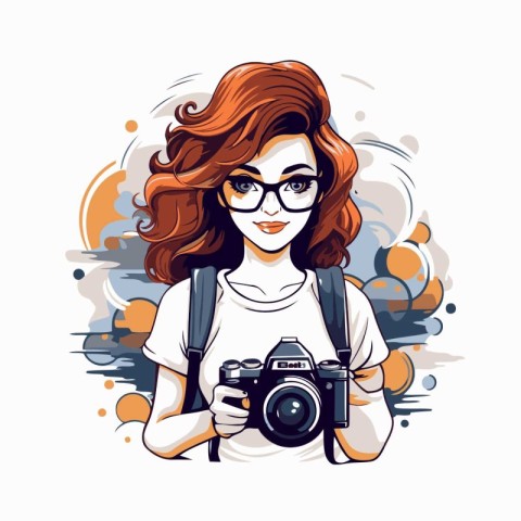 Beautiful hipster girl with camera and backpack. Vector illustra