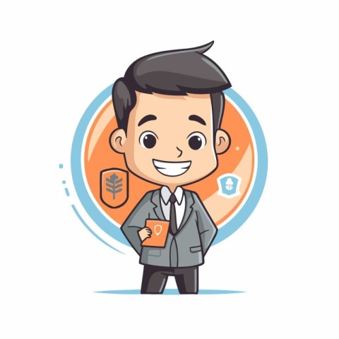 Businessman holding smart phone. Vector illustration. Flat desig