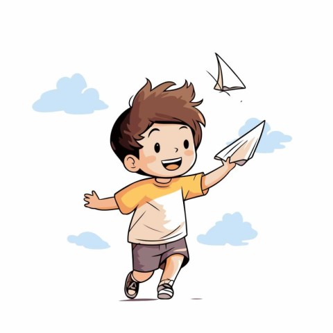 Cute little boy playing with paper plane. Hand drawn vector illu