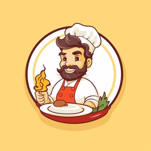 Chef with a plate of food. Vector illustration in cartoon style